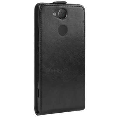 Sony Xperia XA2 (XA2 Dual) ādas vertikāli atvēramais melns futrālis / Vacins.lv