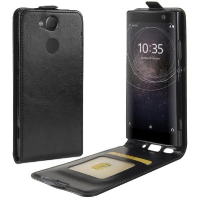 Sony Xperia XA2 (XA2 Dual) ādas vertikāli atvēramais melns futrālis / Vacins.lv