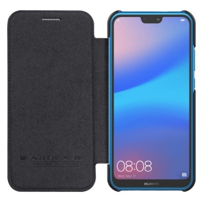 Роскошный чёрный кожаный чехол Nillkin Qin Series для Huawei P20 Lite (Nova 3e) | Vacins.lv