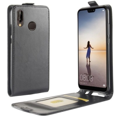 Huawei P20 Lite (Nova 3e) вертикально открывающийся чёрный кожаный чехол-книжка | Vacins.lv