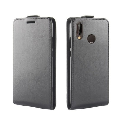 Huawei P20 Lite (Nova 3e) вертикально открывающийся чёрный кожаный чехол-книжка | Vacins.lv