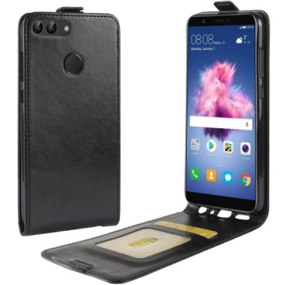 Huawei P smart 2018 (Enjoy 7S) vertikāli atvēramais ādas melns maciņš (maks) / Vacins.lv