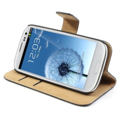 Samsung Galaxy S3 (I9300) atvēramais ādas melns Casual maciņš (maks) / Vacins.lv
