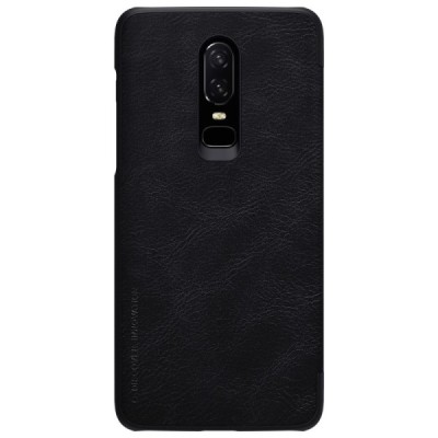 Роскошный чёрный кожаный чехол Nillkin Qin Series для OnePlus 6 (Six) | Vacins.lv