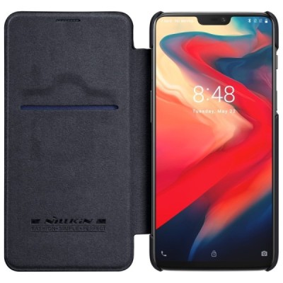 Роскошный чёрный кожаный чехол Nillkin Qin Series для OnePlus 6 (Six) | Vacins.lv