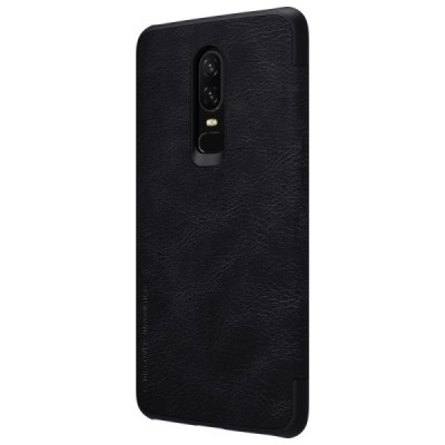 Роскошный чёрный кожаный чехол Nillkin Qin Series для OnePlus 6 (Six) | Vacins.lv