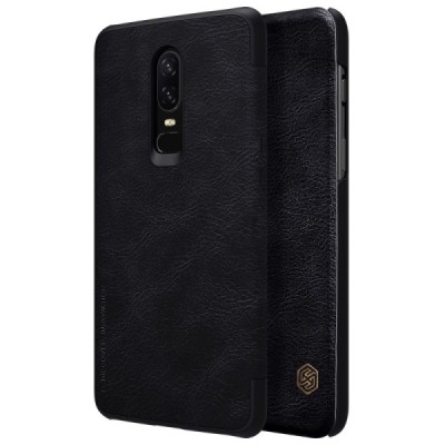 Роскошный чёрный кожаный чехол Nillkin Qin Series для OnePlus 6 (Six) | Vacins.lv