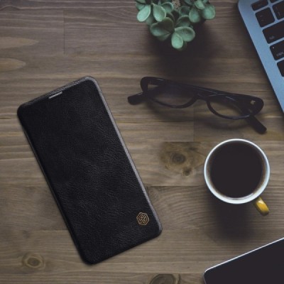 Роскошный чёрный кожаный чехол Nillkin Qin Series для OnePlus 6 (Six) | Vacins.lv