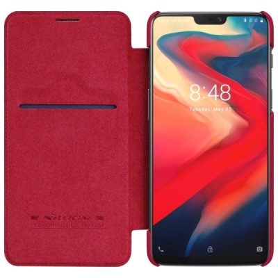 Greznais „Nillkin“ Qin sērijas ādas atvērams sarkans OnePlus 6 (Six) maciņš (maks) / Vacins.lv