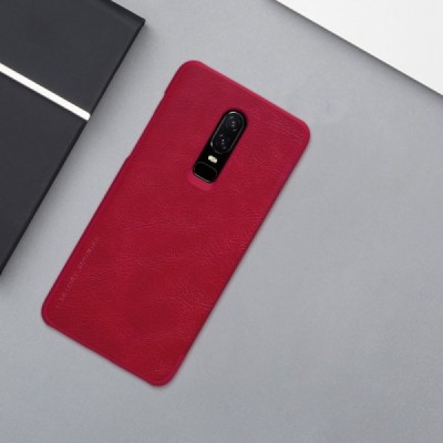 Greznais „Nillkin“ Qin sērijas ādas atvērams sarkans OnePlus 6 (Six) maciņš (maks) / Vacins.lv