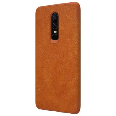 Роскошный коричневый кожаный чехол Nillkin Qin Series для OnePlus 6 (Six) | Vacins.lv