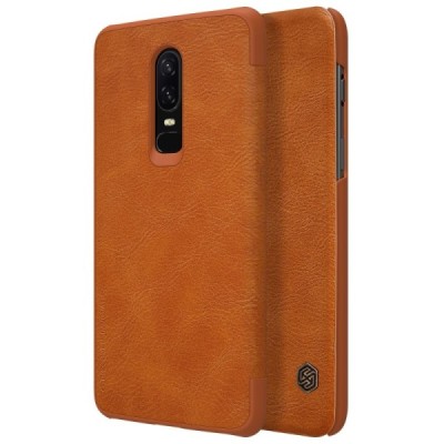 Роскошный коричневый кожаный чехол Nillkin Qin Series для OnePlus 6 (Six) | Vacins.lv