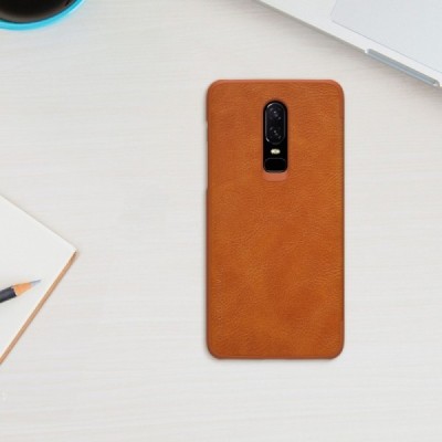 Роскошный коричневый кожаный чехол Nillkin Qin Series для OnePlus 6 (Six) | Vacins.lv