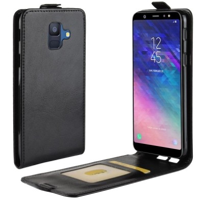 Samsung Galaxy A6 2018 (A600F) vertikāli atvēramais ādas melns maciņš (maks) / Vacins.lv