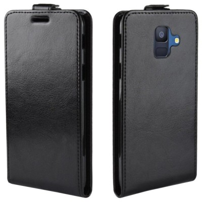 Samsung Galaxy A6 2018 (A600F) вертикально открывающийся чёрный кожаный чехол-книжка | Vacins.lv
