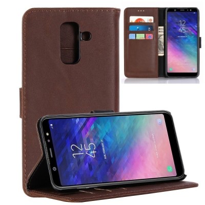 Samsung Galaxy A6+ 2018 (A605F) открываемый тёмно-коричневый кожаный чехол - книжка | Vacins.lv