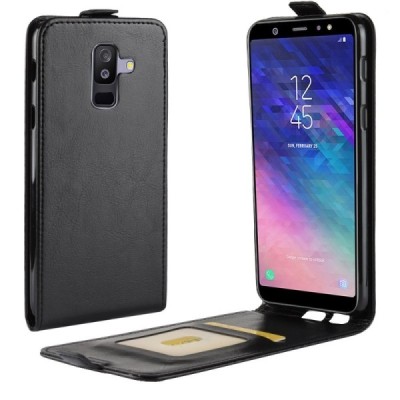 Samsung Galaxy A6+ 2018 (A605F) вертикально открывающийся чёрный кожаный чехол-книжка | Vacins.lv