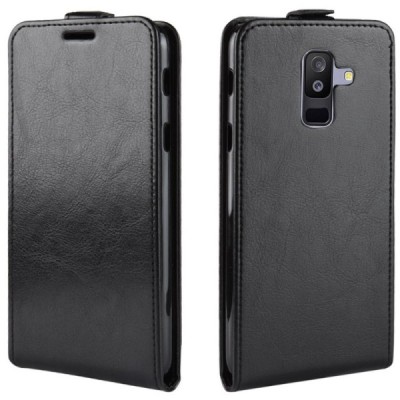 Samsung Galaxy A6+ 2018 (A605F) vertikāli atvēramais ādas melns maciņš (maks) / Vacins.lv