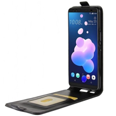 HTC U12 Plus вертикально открывающийся чёрный кожаный чехол-книжка | Vacins.lv