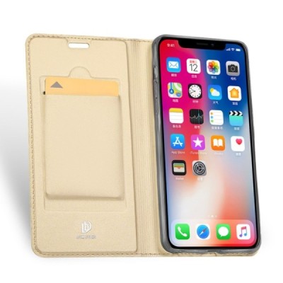 Apple iPhone Xs Max „Dux Ducis“ Skin sērijas zelta ādas atvērams maciņš / Vacins.lv