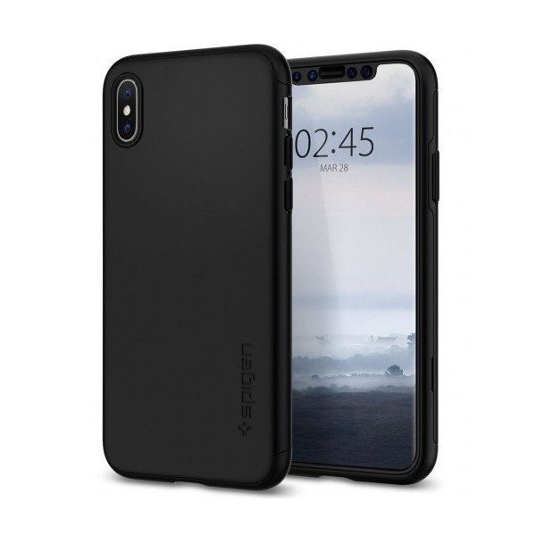 „Spigen“ Thin Fit 360 пластиковый чехол - чёрный + защитное стекло (iPhone Xs Max)