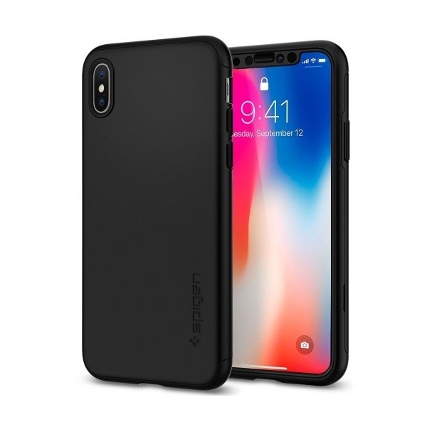 „Spigen“ Thin Fit 360 пластиковый чехол - чёрный + защитное стекло (iPhone X / Xs)