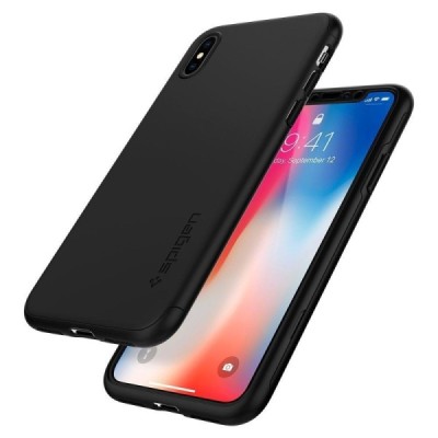 Spigen Thin Fit 360 пластиковый Apple iPhone X (iPhone Xs) чёрный чехол + защитное стекло экрана | Vacins.lv