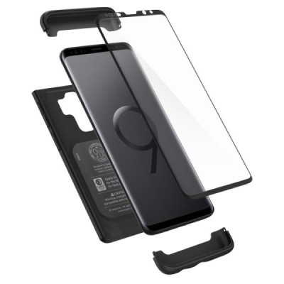 Spigen Thin Fit 360 пластиковый Samsung Galaxy S9+ (G965) чёрный чехол + защитное стекло экрана | Vacins.lv