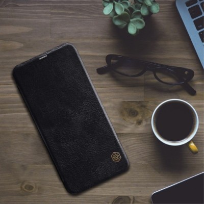 Greznais „Nillkin“ Qin sērijas ādas atvērams melns Samsung Galaxy J6+ 2018 (J610) maciņš / Vacins.lv
