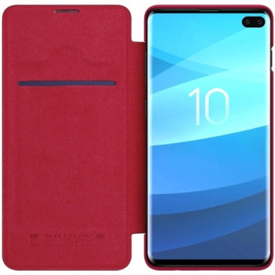 Роскошный красный кожаный чехол Nillkin Qin Series для Samsung Galaxy S10+ (G975) | Vacins.lv