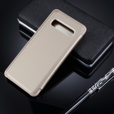 Samsung Galaxy S10+ (G975) plastmasas atvērams zelta ādas maciņš / Vacins.lv