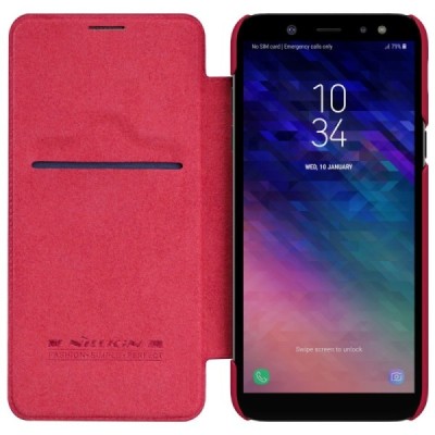 Роскошный красный кожаный чехол Nillkin Qin Series для Samsung Galaxy A6 2018 (A600F) | Vacins.lv