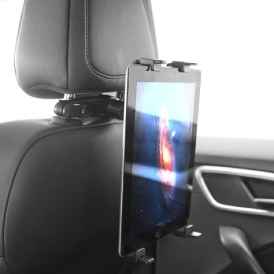 Juodas automobilinis planšetės laikiklis tvirtinamas prie galvos atlošo / Priedai.lt
