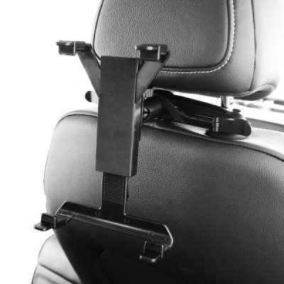 Juodas automobilinis planšetės laikiklis tvirtinamas prie galvos atlošo / Priedai.lt