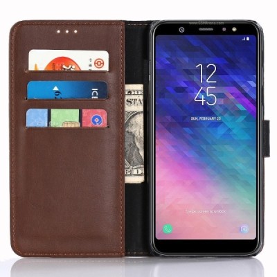 Samsung Galaxy A6+ 2018 (A605F) открываемый тёмно-коричневый кожаный чехол - книжка | Vacins.lv