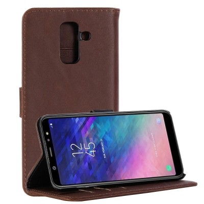 Samsung Galaxy A6+ 2018 (A605F) открываемый тёмно-коричневый кожаный чехол - книжка | Vacins.lv