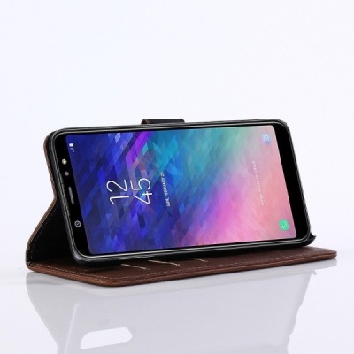 Samsung Galaxy A6+ 2018 (A605F) открываемый тёмно-коричневый кожаный чехол - книжка | Vacins.lv