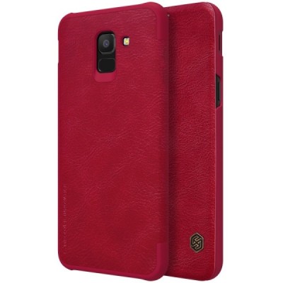 Роскошный красный кожаный чехол Nillkin Qin Series для Samsung Galaxy J6 2018 (J600) | Vacins.lv