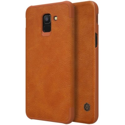 Роскошный коричневый кожаный чехол Nillkin Qin Series для Samsung Galaxy J6 2018 (J600) | Vacins.lv