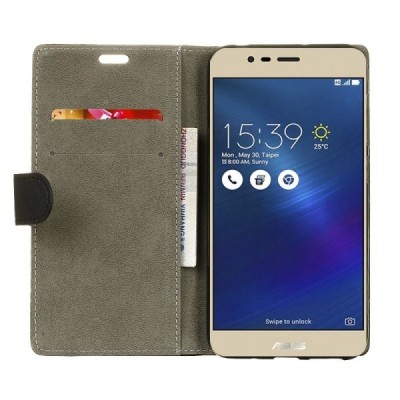 Asus Zenfone 3 Max (ZC553KL) atvēramais melns ādas „Crazy Horse“ futrālis - maciņš / Vacins.lv