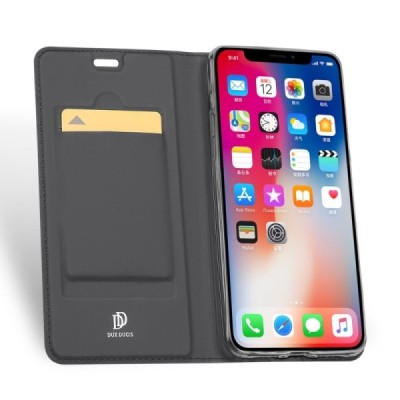Apple iPhone Xr „Dux Ducis“ Skin sērijas pelēks ādas atvērams maciņš | Vacins.lv
