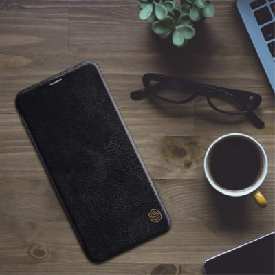 Роскошный чёрный кожаный чехол Nillkin Qin Series для Huawei Mate 20 Lite | Vacins.lv