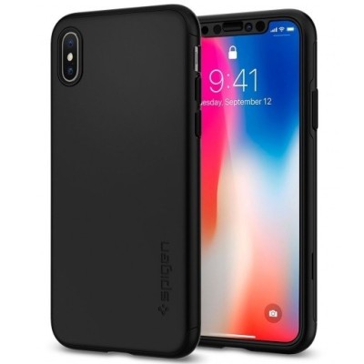 Spigen Thin Fit 360 пластиковый Apple iPhone X (iPhone Xs) чёрный чехол + защитное стекло экрана | Vacins.lv