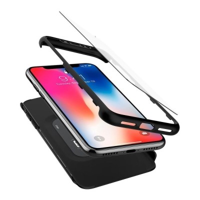 Spigen Thin Fit 360 пластиковый Apple iPhone X (iPhone Xs) чёрный чехол + защитное стекло экрана | Vacins.lv