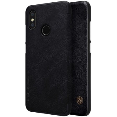 Роскошный чёрный кожаный чехол Nillkin Qin Series для Xiaomi Mi 8 | Vacins.lv