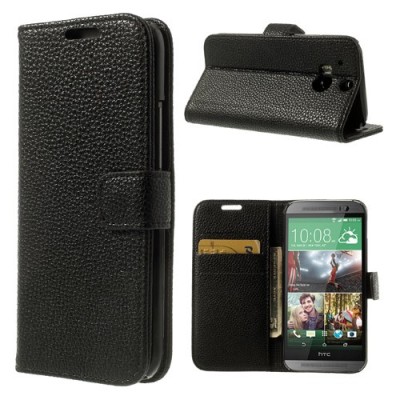 HTC One M8 atvēramais melns ādas Lychee futrālis - maciņš / Vacins.lv