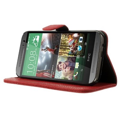 HTC One M8 atvēramais sarkans ādas Lychee futrālis - maciņš / Vacins.lv
