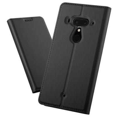 Твердый чёрный кожаный чехол-книжка для HTC U12 Plus | Vacins.lv