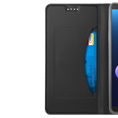 Твердый чёрный кожаный чехол-книжка для HTC U12 Plus | Vacins.lv