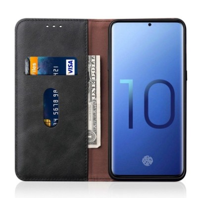 Samsung Galaxy S10e (G970) „Deluxe“ ādas atvēramais melns maciņš (maks) / Vacins.lv